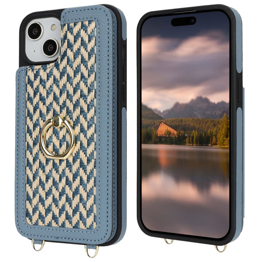 For iPhone 14 Plus / 15 Plus Double Bckle Card Slot Full Coverage Phone Case with Cross-body Strap(Blue) - iPhone 15 Plus Cases by buy2fix | Online Shopping UK | buy2fix