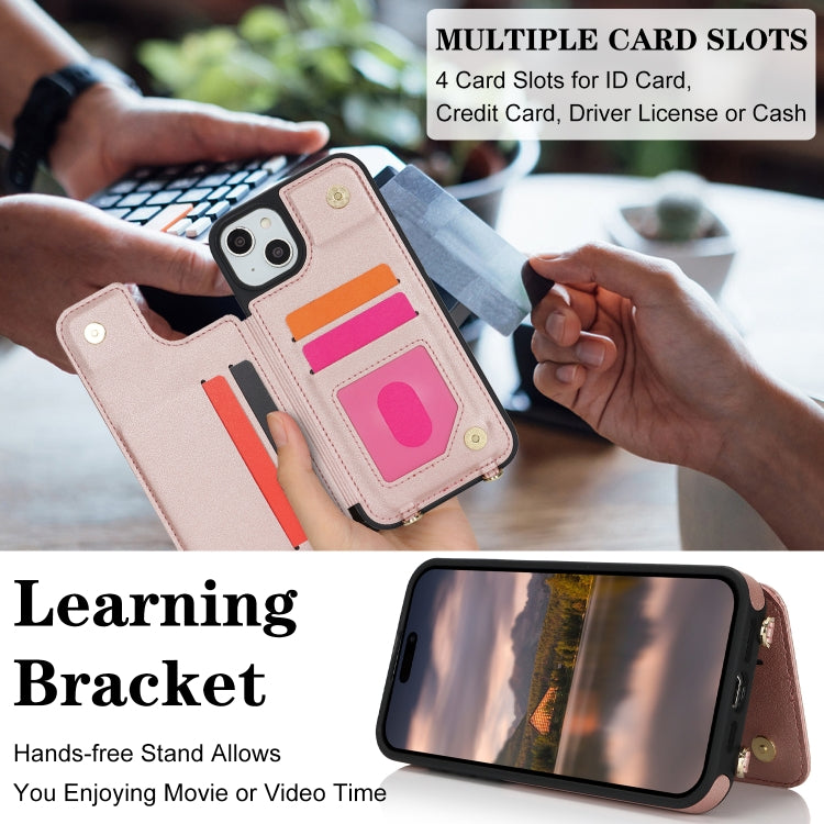 For iPhone 15 Double Bckle Card Slot Full Coverage Phone Case with Cross-body Strap(Rose Gold) - iPhone 15 Cases by buy2fix | Online Shopping UK | buy2fix