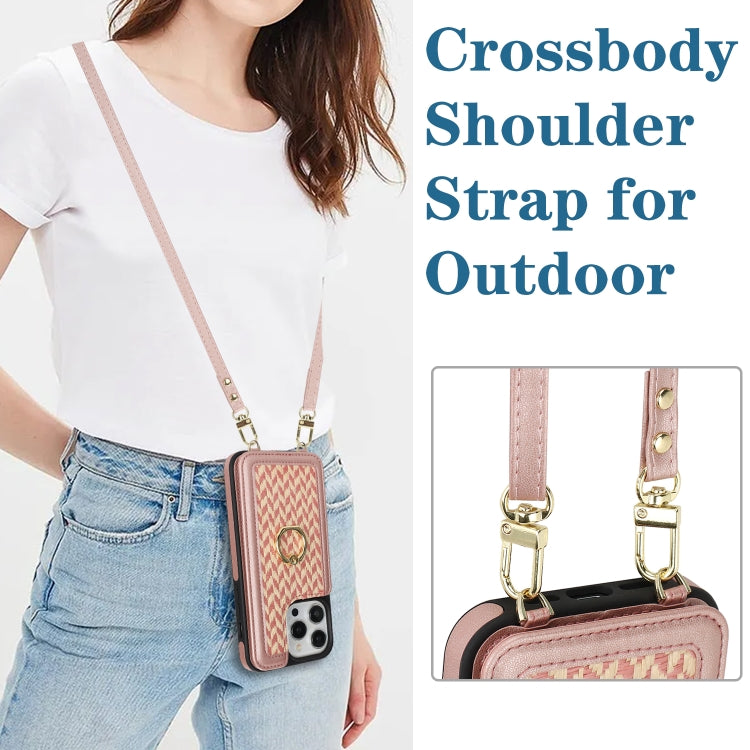 For iPhone 14 Pro Max Double Bckle Card Slot Full Coverage Phone Case with Cross-body Strap(Rose Gold) - iPhone 14 Pro Max Cases by buy2fix | Online Shopping UK | buy2fix