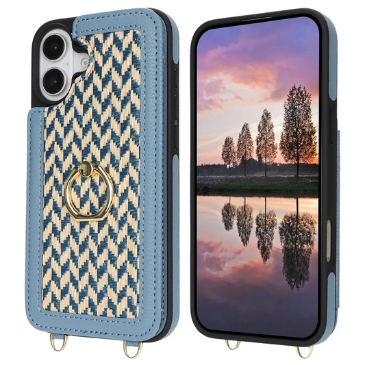 For iPhone 16 Double Bckle Card Slot Full Coverage Phone Case with Cross-body Strap(Blue) - iPhone 16 Cases by buy2fix | Online Shopping UK | buy2fix