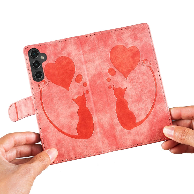 For Samsung Galaxy S25+ 5G Pen Heart Cat Embossed Leather Phone Case(Orange) - Galaxy S25+ 5G Cases by buy2fix | Online Shopping UK | buy2fix