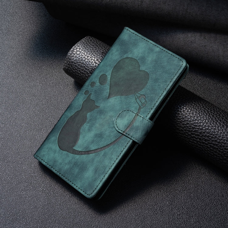 For Samsung Galaxy S25+ 5G Pen Heart Cat Embossed Leather Phone Case(Green) - Galaxy S25+ 5G Cases by buy2fix | Online Shopping UK | buy2fix