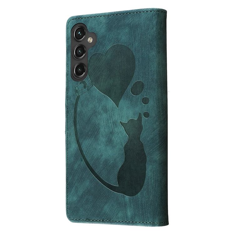 For Samsung Galaxy S25+ 5G Pen Heart Cat Embossed Leather Phone Case(Green) - Galaxy S25+ 5G Cases by buy2fix | Online Shopping UK | buy2fix