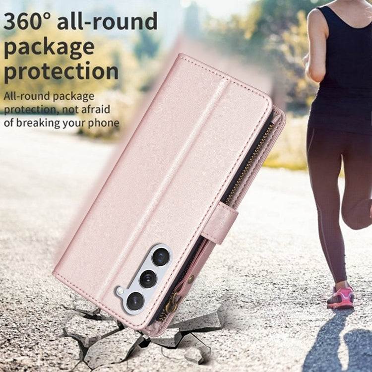 For Samsung Galaxy S25 5G 9 Card Slots Zipper Wallet Leather Flip Phone Case(Rose Gold) by buy2fix