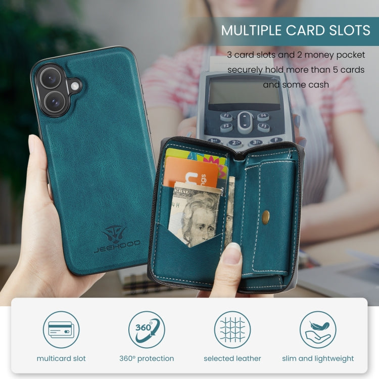 For iPhone 16 JEEHOOD J02 Magnetic Zipper Horizontal Flip Leather Phone Case(Blue) by JEEHOOD