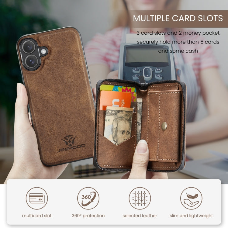 For iPhone 16 JEEHOOD J02 Magnetic Zipper Horizontal Flip Leather Phone Case(Brown) by JEEHOOD