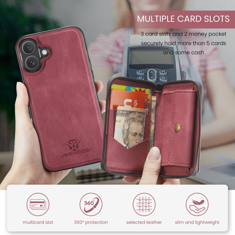 For iPhone 16 JEEHOOD J02 Magnetic Zipper Horizontal Flip Leather Phone Case(Red) by JEEHOOD