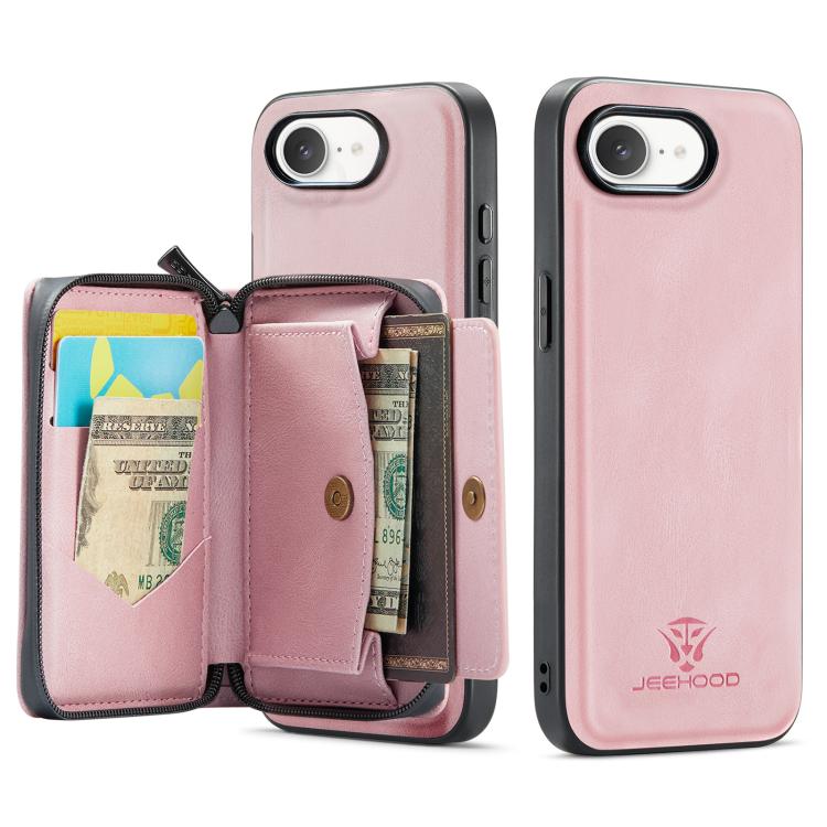 For iPhone 16e JEEHOOD J02 Magnetic Zipper Horizontal Flip Leather Phone Case(Pink) - iPhone 16e Cases by JEEHOOD | Online Shopping UK | buy2fix