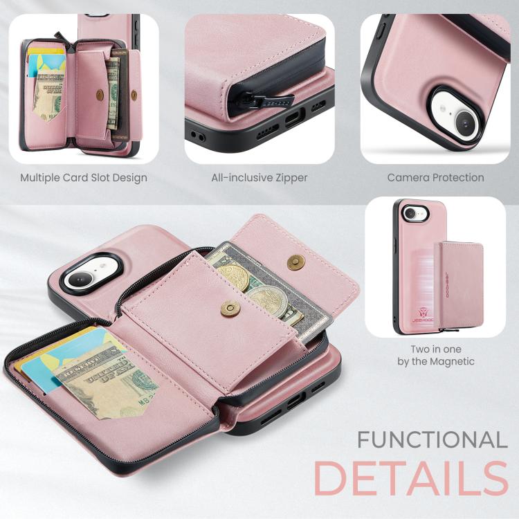 For iPhone 16e JEEHOOD J02 Magnetic Zipper Horizontal Flip Leather Phone Case(Pink) - iPhone 16e Cases by JEEHOOD | Online Shopping UK | buy2fix