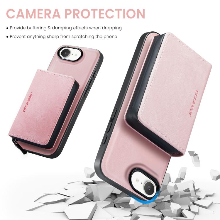 For iPhone 16e JEEHOOD J02 Magnetic Zipper Horizontal Flip Leather Phone Case(Pink) - iPhone 16e Cases by JEEHOOD | Online Shopping UK | buy2fix