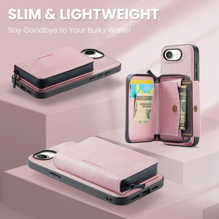 For iPhone 16e JEEHOOD J02 Magnetic Zipper Horizontal Flip Leather Phone Case(Pink) - iPhone 16e Cases by JEEHOOD | Online Shopping UK | buy2fix