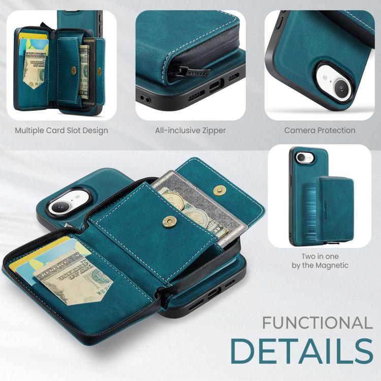 For iPhone 16e JEEHOOD J02 Magnetic Zipper Horizontal Flip Leather Phone Case(Blue) - iPhone 16e Cases by JEEHOOD | Online Shopping UK | buy2fix