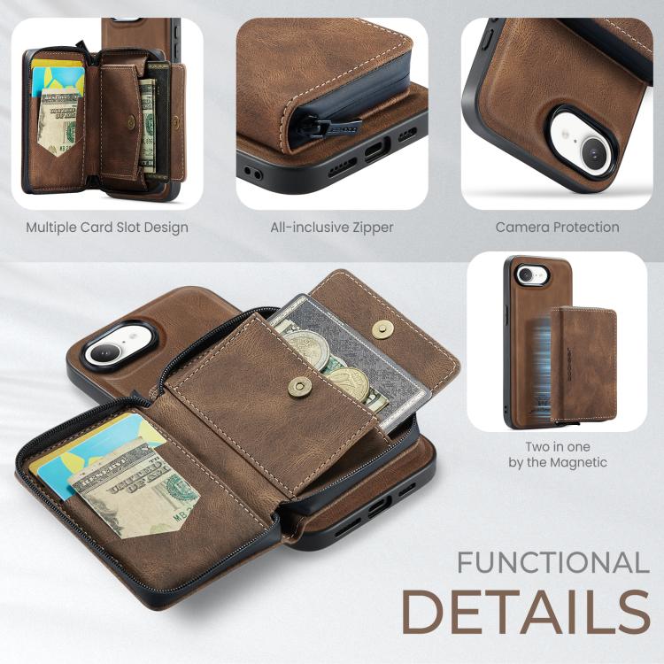 For iPhone 16e JEEHOOD J02 Magnetic Zipper Horizontal Flip Leather Phone Case(Brown) - iPhone 16e Cases by JEEHOOD | Online Shopping UK | buy2fix