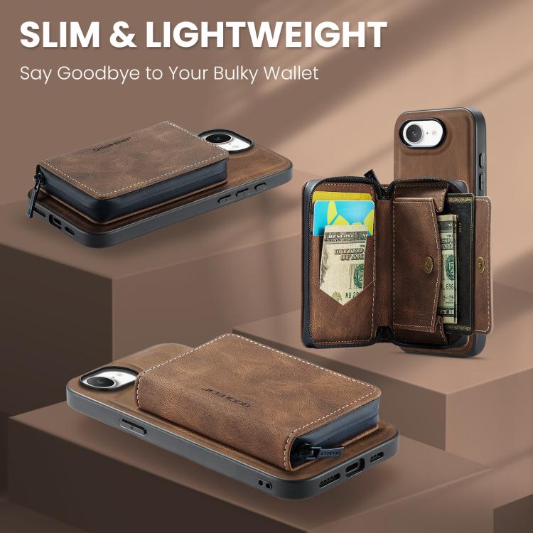 For iPhone 16e JEEHOOD J02 Magnetic Zipper Horizontal Flip Leather Phone Case(Brown) - iPhone 16e Cases by JEEHOOD | Online Shopping UK | buy2fix