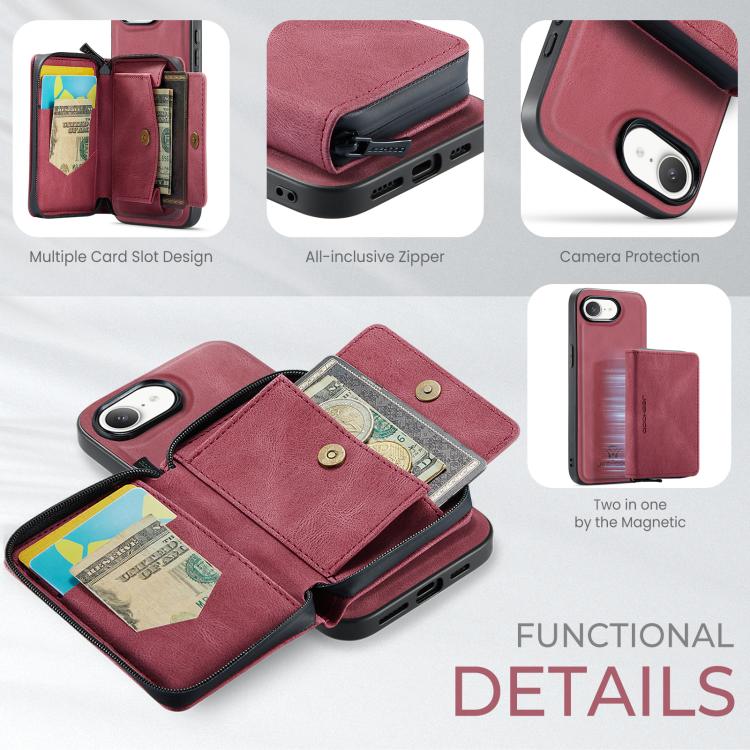 For iPhone 16e JEEHOOD J02 Magnetic Zipper Horizontal Flip Leather Phone Case(Red) - iPhone 16e Cases by JEEHOOD | Online Shopping UK | buy2fix