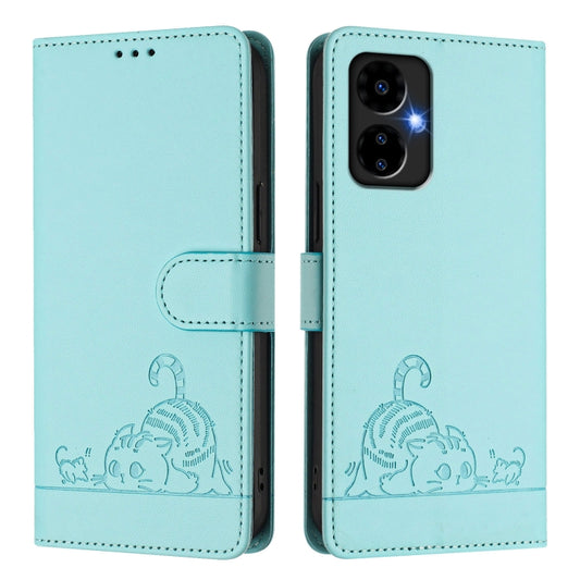For Boost Mobile Celero 5G 2024 Cat Rat Embossed RFID Leather Phone Case with Lanyard(Mint Green) by buy2fix