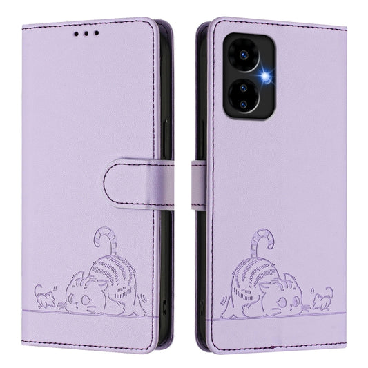 For Boost Mobile Celero 5G 2024 Cat Rat Embossed RFID Leather Phone Case with Lanyard(Purple) by buy2fix