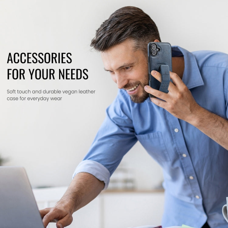 For iPhone 16 Plus Fierre Shann Oil Wax Cow Leather Holder Back Phone Case(Blue) by FIERRE SHANN