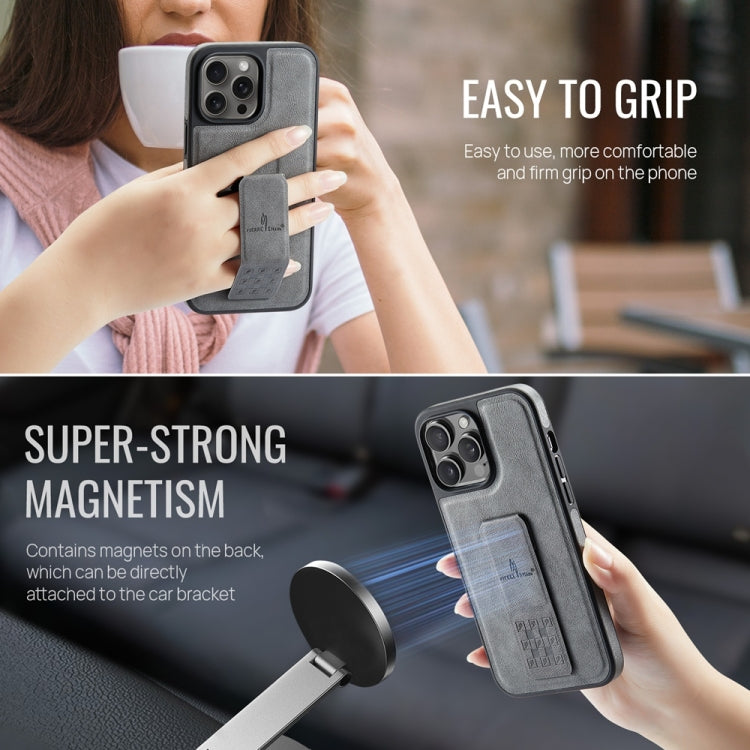 For iPhone 15 Pro Fierre Shann Oil Wax Cow Leather Holder Back Phone Case(Grey) - iPhone 15 Pro Cases by FIERRE SHANN | Online Shopping UK | buy2fix