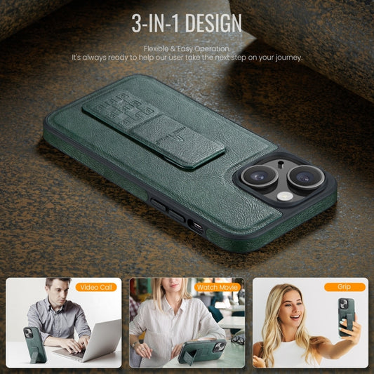 For iPhone 15 Plus Fierre Shann Oil Wax Cow Leather Holder Back Phone Case(Green) - iPhone 15 Plus Cases by FIERRE SHANN | Online Shopping UK | buy2fix