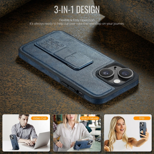 For iPhone 15 Fierre Shann Oil Wax Cow Leather Holder Back Phone Case(Blue) - iPhone 15 Cases by FIERRE SHANN | Online Shopping UK | buy2fix