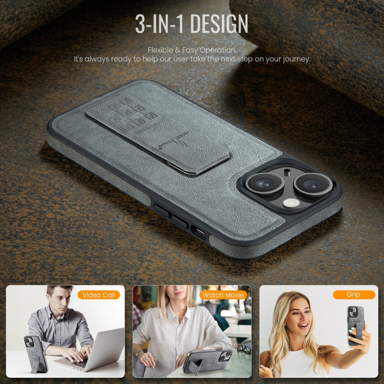 For iPhone 14 Fierre Shann Oil Wax Cow Leather Holder Back Phone Case(Grey) - iPhone 14 Cases by FIERRE SHANN | Online Shopping UK | buy2fix