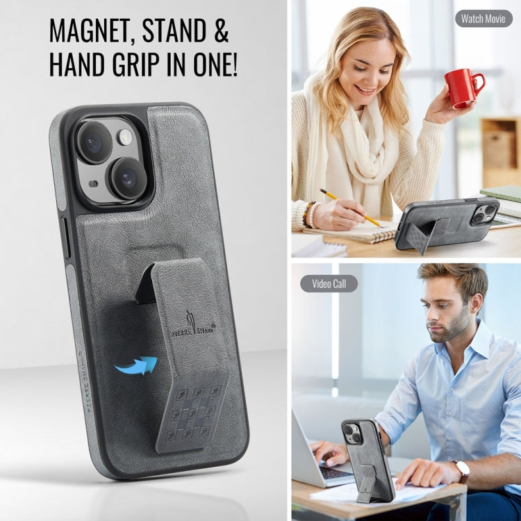 For iPhone 14 Fierre Shann Oil Wax Cow Leather Holder Back Phone Case(Grey) - iPhone 14 Cases by FIERRE SHANN | Online Shopping UK | buy2fix