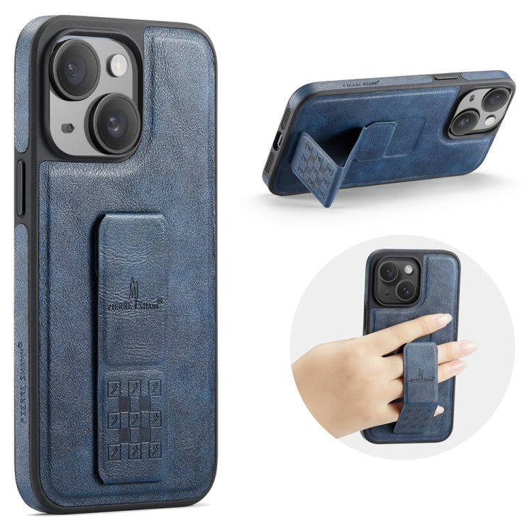 For iPhone 14 Fierre Shann Oil Wax Cow Leather Holder Back Phone Case(Blue) - iPhone 14 Cases by FIERRE SHANN | Online Shopping UK | buy2fix