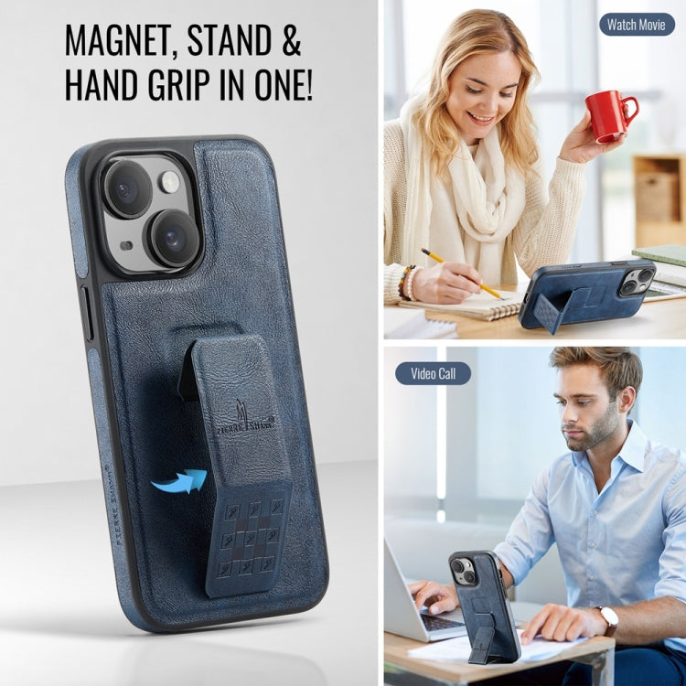 For iPhone 14 Fierre Shann Oil Wax Cow Leather Holder Back Phone Case(Blue) - iPhone 14 Cases by FIERRE SHANN | Online Shopping UK | buy2fix