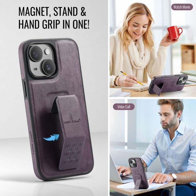 For iPhone 14 Fierre Shann Oil Wax Cow Leather Holder Back Phone Case(Purple) - iPhone 14 Cases by FIERRE SHANN | Online Shopping UK | buy2fix