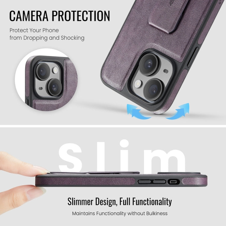 For iPhone 14 Fierre Shann Oil Wax Cow Leather Holder Back Phone Case(Purple) - iPhone 14 Cases by FIERRE SHANN | Online Shopping UK | buy2fix