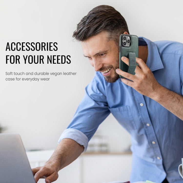 For iPhone 12 / 12 Pro Fierre Shann Oil Wax Cow Leather Holder Back Phone Case(Green) - iPhone 12 / 12 Pro Cases by FIERRE SHANN | Online Shopping UK | buy2fix