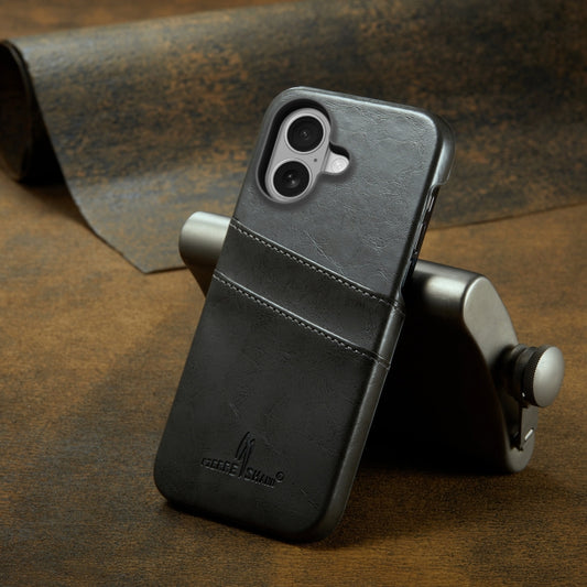 For iPhone 16 Plus Fierre Shann Retro Oil Wax Texture Card Slots PU Leather Phone Case(Grey) by FIERRE SHANN