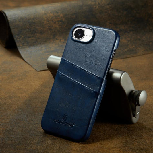 For iPhone 16e Fierre Shann Retro Oil Wax Texture Card Slots PU Leather Phone Case(Blue) - iPhone 16e Cases by FIERRE SHANN | Online Shopping UK | buy2fix