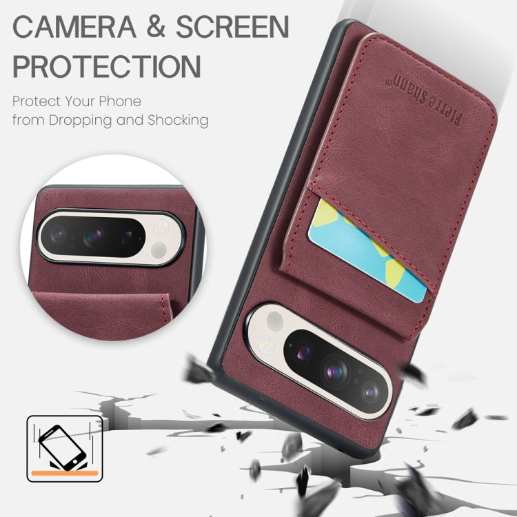 For Google Pixel 9 Pro XL Fierre Shann Crazy Horse Card Holder Back Cover PU Phone Case(Wine Red) - Google Cases by FIERRE SHANN | Online Shopping UK | buy2fix