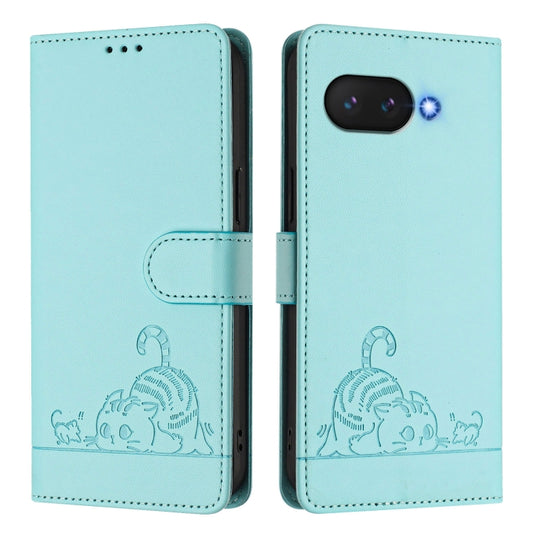 For Google Pixel 9a Cat Rat Embossed Pattern RFID Leather Phone Case with Lanyard(Mint Green) - Google Cases by buy2fix | Online Shopping UK | buy2fix