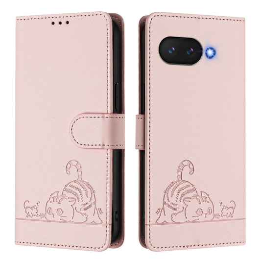 For Google Pixel 9a Cat Rat Embossed Pattern RFID Leather Phone Case with Lanyard(Pink) - Google Cases by buy2fix | Online Shopping UK | buy2fix