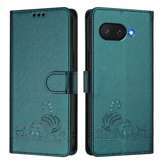 For Google Pixel 9a Cat Rat Embossed Pattern RFID Leather Phone Case with Lanyard(Peacock Green) - Google Cases by buy2fix | Online Shopping UK | buy2fix