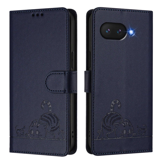 For Google Pixel 9a Cat Rat Embossed Pattern RFID Leather Phone Case with Lanyard(Blue) - Google Cases by buy2fix | Online Shopping UK | buy2fix
