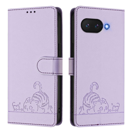 For Google Pixel 9a Cat Rat Embossed Pattern RFID Leather Phone Case with Lanyard(Purple) - Google Cases by buy2fix | Online Shopping UK | buy2fix