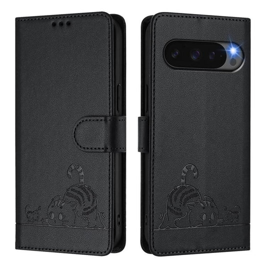 For Google Pixel 10 Pro XL 5G Global Cat Rat Embossed Pattern RFID Leather Phone Case with Lanyard(Black) - Google Cases by buy2fix | Online Shopping UK | buy2fix
