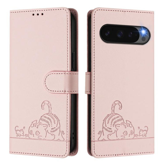 For Google Pixel 10 5G Global Cat Rat Embossed Pattern RFID Leather Phone Case with Lanyard(Pink) - Google Cases by buy2fix | Online Shopping UK | buy2fix