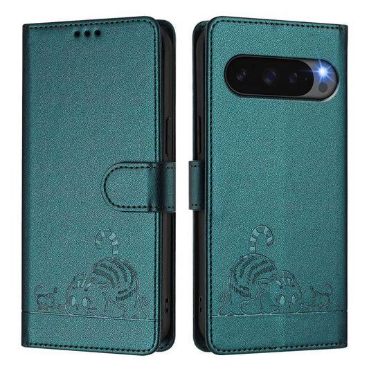 For Google Pixel 10 5G Global Cat Rat Embossed Pattern RFID Leather Phone Case with Lanyard(Peacock Green) - Google Cases by buy2fix | Online Shopping UK | buy2fix