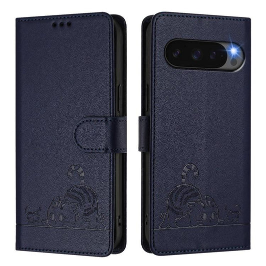 For Google Pixel 10 5G Global Cat Rat Embossed Pattern RFID Leather Phone Case with Lanyard(Blue) - Google Cases by buy2fix | Online Shopping UK | buy2fix