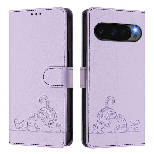 For Google Pixel 10 5G Global Cat Rat Embossed Pattern RFID Leather Phone Case with Lanyard(Purple) - Google Cases by buy2fix | Online Shopping UK | buy2fix