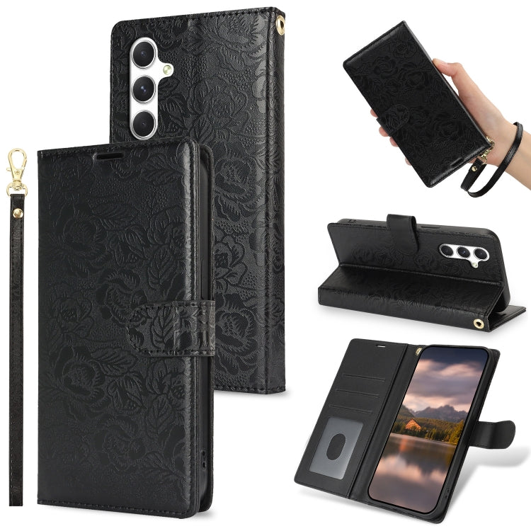 For Samsung Galaxy S25+ 5G Peony Flowers Imprint Leather Phone Case(Black) - Galaxy S25+ 5G Cases by buy2fix | Online Shopping UK | buy2fix