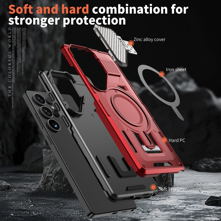 For Samsung Galaxy S25 5G Shield Frame Holder MagSafe Phone Case(Red) by buy2fix