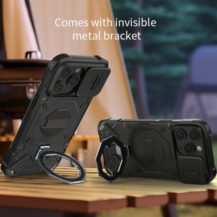For iPhone 13 Pro Max Camera Shield Armor MagSafe Holder Phone Case with Strap(Black) by buy2fix
