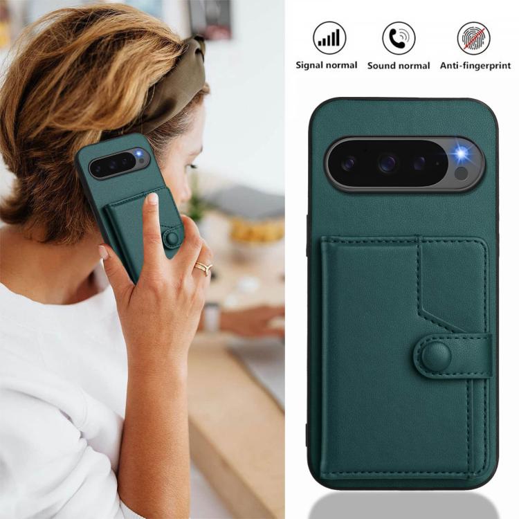 For Google Pixel 10 / 10 Pro Button Card Bag RFID Anti-theft Phone Case(Green) - Google Cases by buy2fix | Online Shopping UK | buy2fix