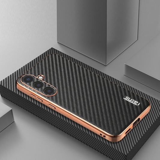 For Samsung Galaxy S25 5G AZNS Electroplated Edge Carbon Fiber Texture Phone Case(Black) by AZNS